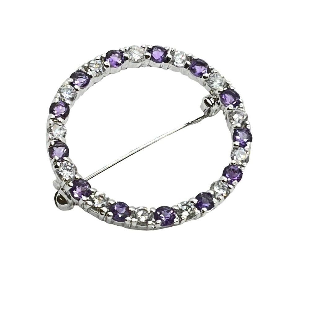 Circle Brooch Pin Vintage Marked 925 Sterling Wreath Purple Clear Rhinestone